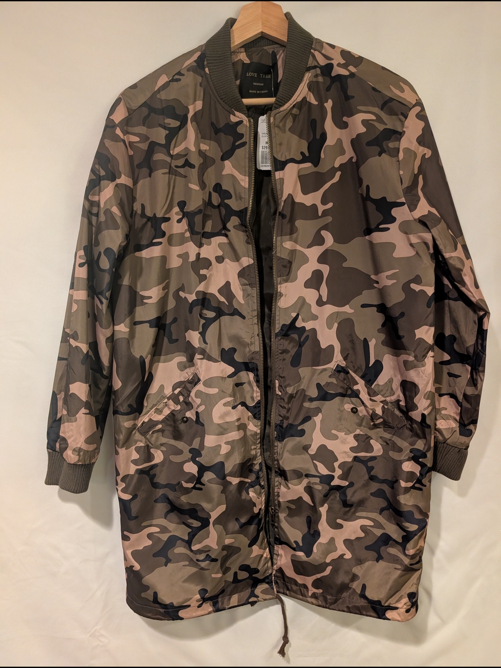 Forever 21 Pink and Olive Camo Long Bomber Jacket